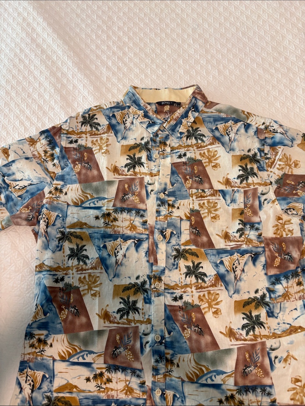 Casual Short-Sleeve Patchwork Hawaiian Shirt - Blue/Tan Multicolor